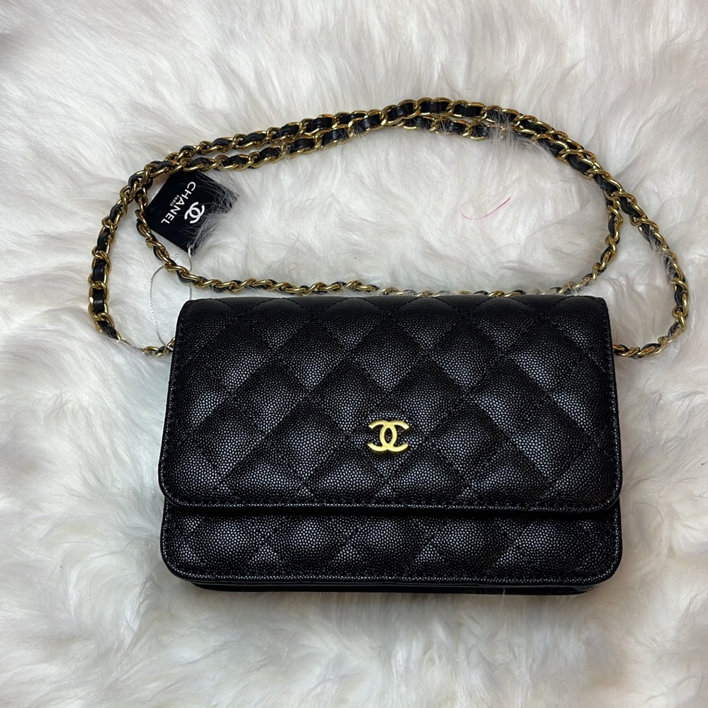 More Pics!! Caviar Leather Black Quilted Crossbody WOC Bag with Gold Chain